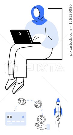 Online banking, e-commerce, investment strategies, fintech solutions, growth opportunities, remote work. Woman with laptop, financial symbols rocket. Online banking and e-commerce concepts 136129080