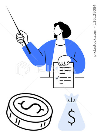 Financial education, budgeting, money-saving tips, wealth management, investment strategies, training sessions. Person pointing with a stick and holding a document near money symbols. Financial 136129084