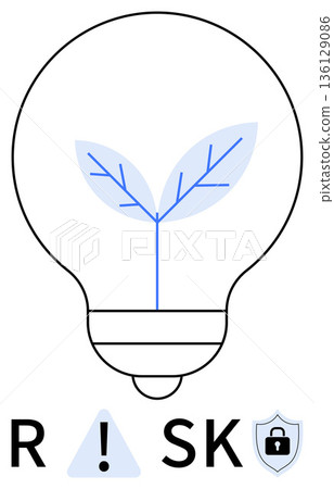 Green energy, innovation, cybersecurity, sustainability, risk management, data protection. Light bulb with a plant and security shield. Green energy and innovation linked to sustainability 136129086