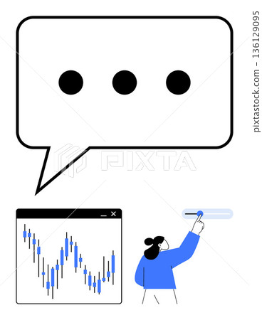 Digital communication, data analysis, user interaction, finance, analytics, information flow. Speech bubble with ellipsis, graph interface and person engaging with a screen. Digital communication Digital communication, data analysis, user interaction, finance, analytics, information flow. Speech bubble with ellipsis, graph interface and person engaging with a screen. Digital communication 136129095
