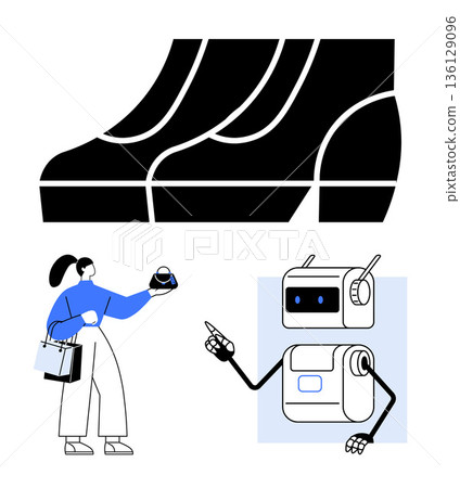 AI automation, online shopping, retail innovation, customer interaction, future technology, digital commerce. Robot assisting a shopper with products and robotic elements. AI automation and online AI automation, online shopping, retail innovation, customer interaction, future technology, digital commerce. Robot assisting a shopper with products and robotic elements. AI automation and online 136129096
