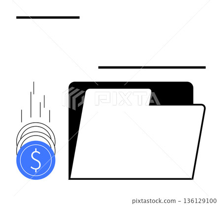 Finance, digital transactions, data organization, money management, budgeting, online payments. Folder graphic with falling coins. Finance and digital transactions theme Finance, digital transactions, data organization, money management, budgeting, online payments. Folder graphic with falling coins. Finance and digital transactions theme 136129100