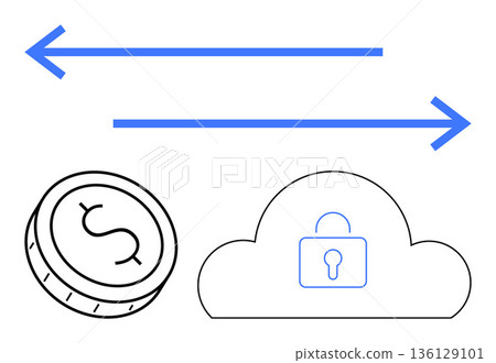 Financial services, cloud security, digital transactions, online payment, encryption, data storage. Coin and cloud with lock symbol. Financial services and cloud security concept Financial services, cloud security, digital transactions, online payment, encryption, data storage. Coin and cloud with lock symbol. Financial services and cloud security concept 136129101