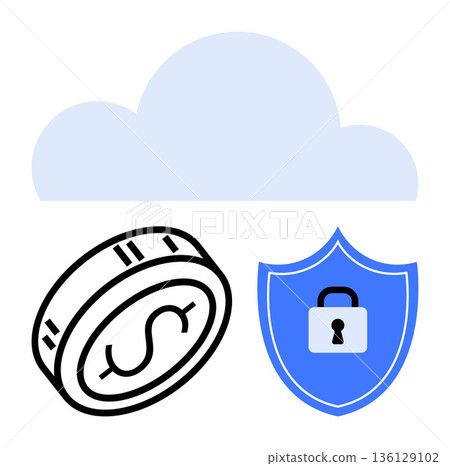 Cloud computing, data security, financial safety, online transactions, digital saving, encrypted storage. Cloud icon with a coin and a shield. Cloud computing and data security Cloud computing, data security, financial safety, online transactions, digital saving, encrypted storage. Cloud icon with a coin and a shield. Cloud computing and data security 136129102