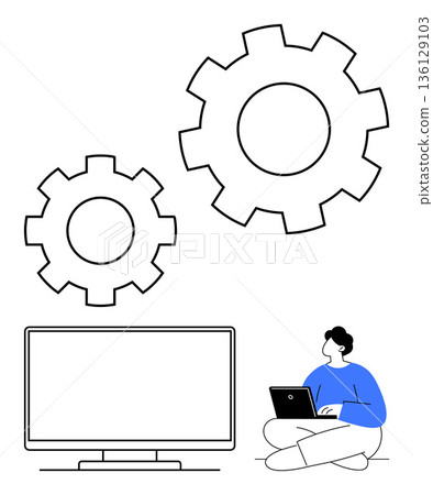 Business process, technology systems, workflow automation, productivity, engineering, remote work. Gears, monitor person with laptop. Business process and technology systems concept 136129103