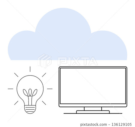 Cloud storage, technological innovation, remote work, data solutions, digital access, creative thinking. Light bulb, monitor and cloud symbol. Cloud computing and technological innovation ideas 136129105