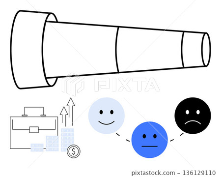 Business growth, decision-making, emotional analysis, future goals, financial planning, productivity. Telescope with finance icons, emotions reflecting emotions. Business growth and decision-making Business growth, decision-making, emotional analysis, future goals, financial planning, productivity. Telescope with finance icons, emotions reflecting emotions. Business growth and decision-making 136129110