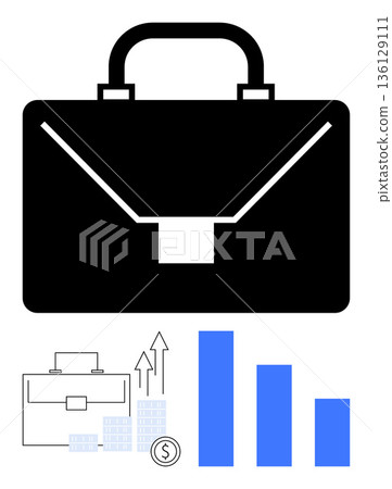 Business development, financial growth, success planning, economic strategies, investment analysis, productivity. Bold black briefcase, bar chart and financial symbols. Business development Business development, financial growth, success planning, economic strategies, investment analysis, productivity. Bold black briefcase, bar chart and financial symbols. Business development 136129111