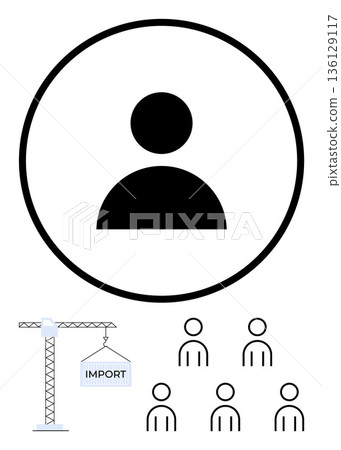 User management, data import, system integration, HR tools, recruitment, onboarding. Profile within a circle, crane lifting an Import box and group of people. User management and data import concept User management, data import, system integration, HR tools, recruitment, onboarding. Profile within a circle, crane lifting an Import box and group of people. User management and data import concept 136129117