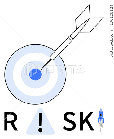 Risk management, business strategy, decision-making, entrepreneurship, opportunity, success. Dart hitting a bullseye and a rocket icon. Risk management and business strategy visualization 136129124
