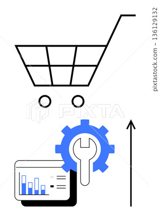 E-commerce, business analytics, online optimization, digital marketing, sales growth, tools development. Shopping cart, gear with dashboard upward arrow. E-commerce and business analytics concept E-commerce, business analytics, online optimization, digital marketing, sales growth, tools development. Shopping cart, gear with dashboard upward arrow. E-commerce and business analytics concept 136129132