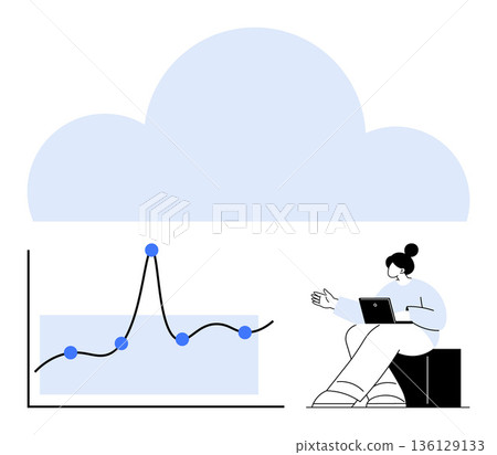 Cloud technology, data analysis, business strategy, online learning, remote work, modern technology. A stylized graph with a cloud above and a person working on a laptop. Cloud technology and data Cloud technology, data analysis, business strategy, online learning, remote work, modern technology. A stylized graph with a cloud above and a person working on a laptop. Cloud technology and data 136129133