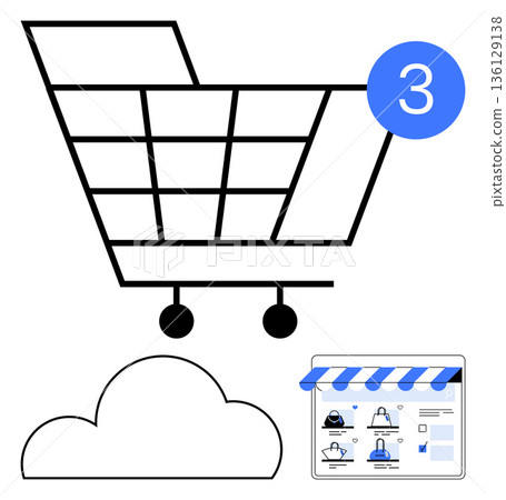 E-commerce, online shopping, digital retail, cloud storage, technology services, inventory management. Shopping cart with item count icon, cloud and online store layout. E-commerce and online E-commerce, online shopping, digital retail, cloud storage, technology services, inventory management. Shopping cart with item count icon, cloud and online store layout. E-commerce and online 136129138