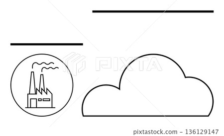 Industry, pollution, sustainability, environment, climate change, air quality. Factory icon emitting smoke next to a cloud. Pollution and sustainability concepts related to environmental impacts 136129147