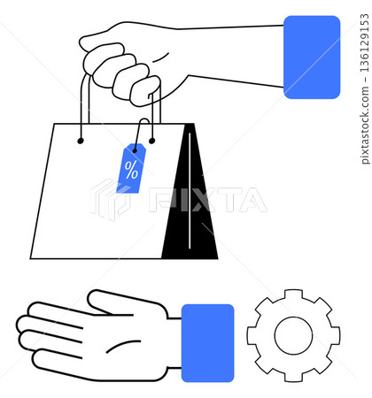 Online shopping, retail discounts, e-commerce solutions, marketing strategies, customer engagement, sales optimization. A hand holding a shopping bag with a discount tag, accompanied by a gear 136129153