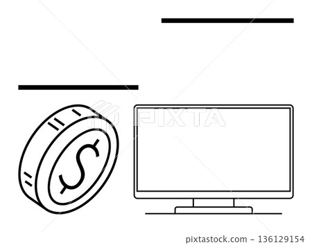 Digital payments, e-commerce, financial management, online transactions, virtual currency, modern finance. A coin with a dollar sign and computer monitor in line art. Digital transactions 136129154
