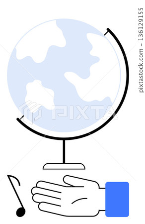 Global music, international communication, education, unity, collaboration, creativity. A globe, a hand gesture and a musical note arranged prominently. Global music and international communication 136129155