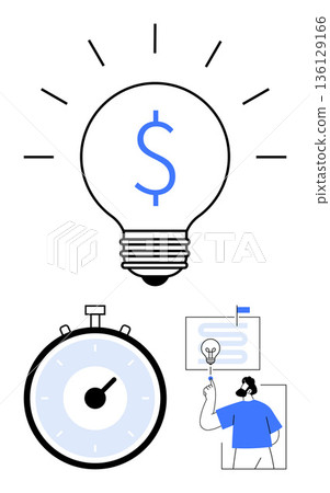 Business strategy, creative thinking, financial planning, productivity, time management, workflow optimization. Light bulb with dollar sign, stopwatch person pointing at a chart. Creative thinking Business strategy, creative thinking, financial planning, productivity, time management, workflow optimization. Light bulb with dollar sign, stopwatch person pointing at a chart. Creative thinking 136129166