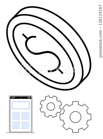 Financial technology, mobile banking, fintech automation, online transactions, software development, payment integration. Coin icon with gears and phone interface. Financial technology, mobile Financial technology, mobile banking, fintech automation, online transactions, software development, payment integration. Coin icon with gears and phone interface. Financial technology, mobile 136129167