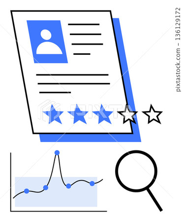 Recruitment, employee evaluation, rating system, data analysis, business performance, hiring process. Document with a profile picture and stars. Recruitment and employee evaluation concepts 136129172