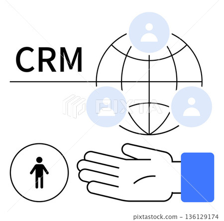 Customer relationship management, user interaction, business strategy, team collaboration, digital networking, global connections. A globe with user icons and hand CRM. CRM and user interaction Customer relationship management, user interaction, business strategy, team collaboration, digital networking, global connections. A globe with user icons and hand CRM. CRM and user interaction 136129174