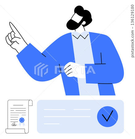 Business processes, official approval, online certification, document signing, legal agreements, professional compliance. Character pointing at certification symbol with a signed document. Business 136129180