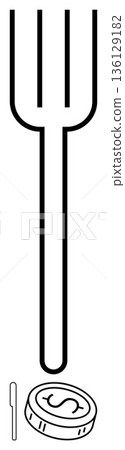 Cryptocurrency, blockchain evolution, digital assets, finance, innovation, split technology. A fork symbol above a coin with a dollar sign. Cryptocurrency and blockchain evolution 136129182