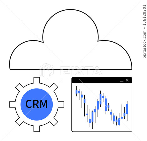 Digital transformation, data analytics, business solutions, cloud services, CRM systems, financial insights. Cloud icon with CRM gear and stock chart. Digital transformation and data analytics Digital transformation, data analytics, business solutions, cloud services, CRM systems, financial insights. Cloud icon with CRM gear and stock chart. Digital transformation and data analytics 136129201