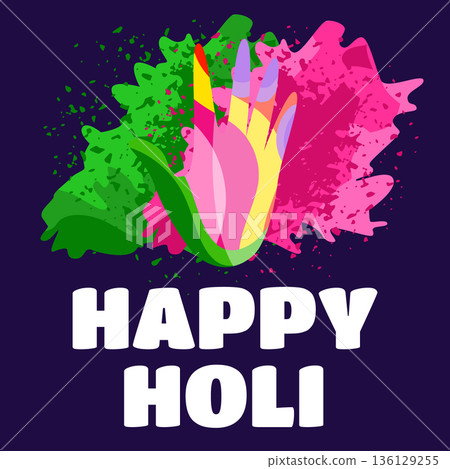 Holi greeting banner with green and pink powder buckets and painted hand illustration Holi greeting banner with green and pink powder buckets and painted hand illustration 136129255