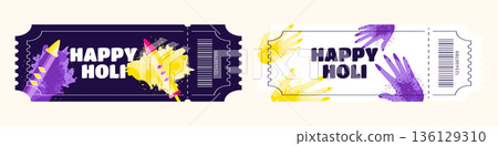 Holi festival entry ticket set with yellow and purple powder pichkari and painted hands illustration 136129310