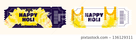 Holi festival entry ticket set with paint buckets yellow powder and traditional flower decorations illustration 136129311