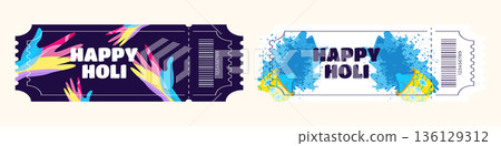 Holi festival entry ticket set with blue powder buckets and painted hands illustration Holi festival entry ticket set with blue powder buckets and painted hands illustration 136129312