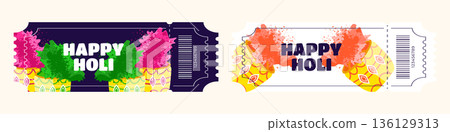 Holi festival entry ticket set with buckets of pink green and orange powder illustration Holi festival entry ticket set with buckets of pink green and orange powder illustration 136129313