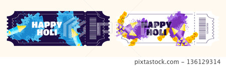 Holi festival entry ticket set with yellow and purple powder and pichkari water guns illustration 136129314