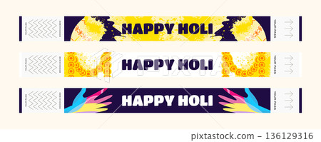 Holi festival wristband set with yellow powder paint buckets painted hands and flower decorations illustration 136129316