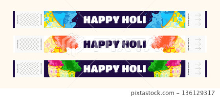 Holi festival wristband set with blue orange green and pink powder in paint buckets illustration Holi festival wristband set with blue orange green and pink powder in paint buckets illustration 136129317