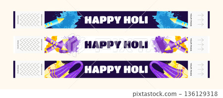 Holi festival wristband set with yellow purple and blue powder pichkari and traditional clothing illustration Holi festival wristband set with yellow purple and blue powder pichkari and traditional clothing illustration 136129318