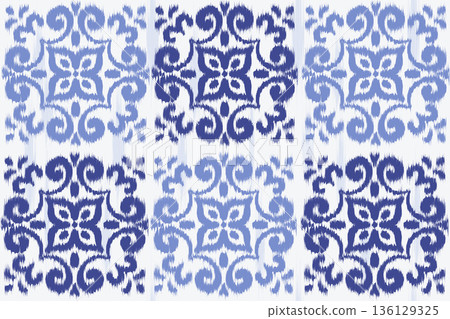 Ikat seamless pattern with blue abstract floral ornament. Vector geometric background for traditional fabrics and carpet design. Retro rug decorative illustration Ikat seamless pattern with blue abstract floral ornament. Vector geometric background for traditional fabrics and carpet design. Retro rug decorative illustration 136129325