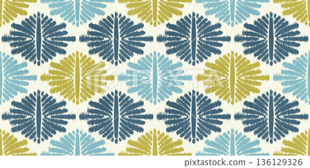Ikat seamless ethnic pattern with abstract geometric design. Vector rug textured print. Tribal traditional motif for oriental and African background. Retro decorative watercolor woven illustration 136129326