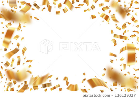 Golden confetti frame with ribbons and glitter particles. Festive celebration background for birthday parties and special events. Vector illustration 136129327