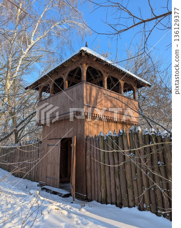 tower of a wooden fortress in the style of medieval architecture, wintertime tower of a wooden fortress in the style of medieval architecture, wintertime 136129377