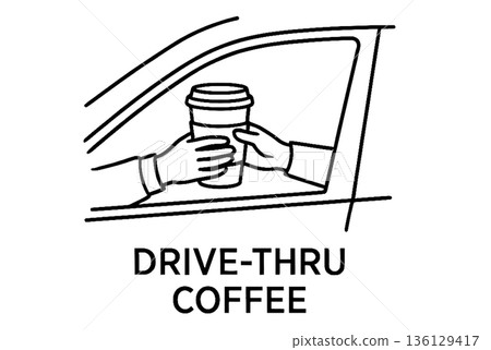 Drive-Thru Coffee Service Line Art Illustration. Hands passing hot takeaway cup through car window. 136129417