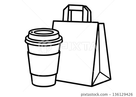 Takeaway Coffee Cup with Paper Shopping Bag Line Art Illustration. Black and white outline sketch of beverage and retail package. 136129426