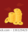 Chinese Gold Coins Stack Illustration for Wealth, Prosperity, and Lunar New Year 136129429