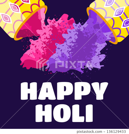 Holi greeting banner with buckets of purple and pink colorful powder illustration 136129433