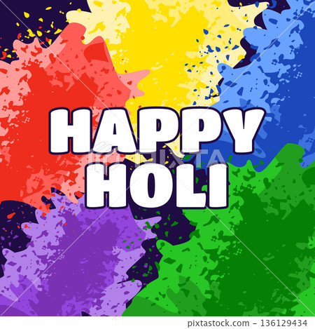 Holi greeting banner with yellow blue violet green and red colorful powder illustration 136129434