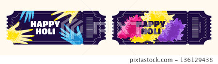 Holi festival entry ticket set with pink yellow and purple powder and painted hands illustration Holi festival entry ticket set with pink yellow and purple powder and painted hands illustration 136129438