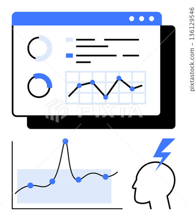 Data analysis, business intelligence, digital trends, problem-solving, forecasting, brain activity. Graphs, charts and a silhouette with a lightning bolt. Data analysis and business intelligence Data analysis, business intelligence, digital trends, problem-solving, forecasting, brain activity. Graphs, charts and a silhouette with a lightning bolt. Data analysis and business intelligence 136129546