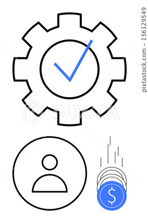 Workflow management, user identification, financial transactions, automation, online processes, data validation. Gear with a checkmark, profile icon falling coins. Workflow management and user 136129549