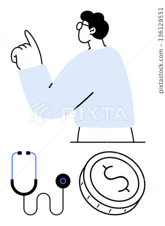 Healthcare, financial planning, medical cost, economy, decision-making, resource allocation. Person pointing upward, stethoscope and coin symbol. Healthcare and financial planning concept 136129551